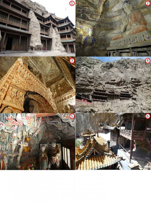 1.	Entrances to Buddhist cave temples at Yungang Shiku west of Beijing, examples of rock cut architecture from the 5th and 6th centuries 2.	Interior of one of the Buddhist grotto temples at Yungang 3.	Interior of one of the Buddhist grotto temples at Yungang 4.	Hanging Monastery built into the cliffs of Mt. Heng near Datong ca. 500 AD 5.	Inner temple room of one of the Hanging Monastery buildings 6.	Climbing around on the Hanging Monastery